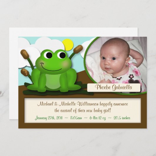 愛らしいFroggyの男の子または女の子の誕生の発表 案内状 (正面/裏面)