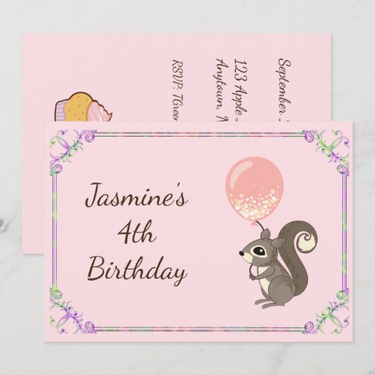 愛らしくカスタムなリスの誕生日の招待 招待状 (正面/裏面)