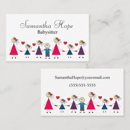 愛らしくカラフルな棒の姿の子供のベビーシッター 名刺 (正面/裏面)