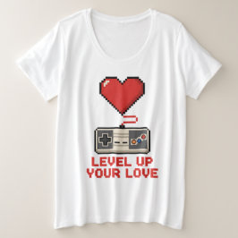 愛をレベルアップ、レトロピクセルゲームデザイン プラスサイズTシャツ