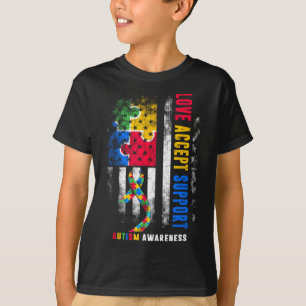 愛を受け入れるサポート自閉症啓発月リボン Tシャツ