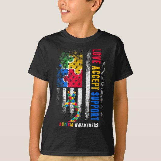 愛を受け入れるサポート自閉症啓発月リボン Tシャツ (正面)