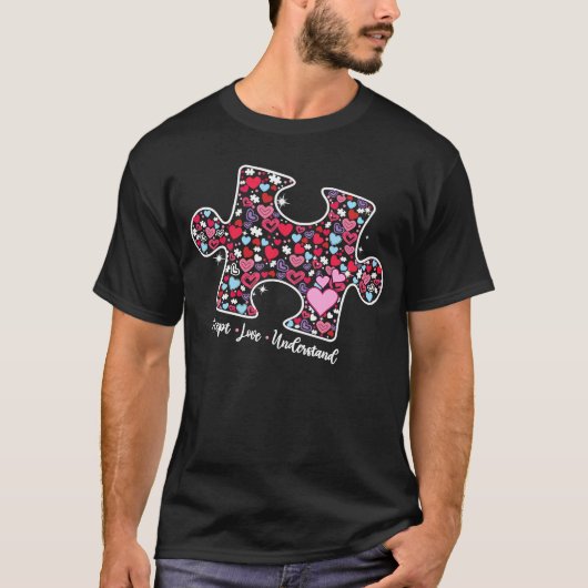 愛を受け入れる自閉症意識の月のパズ Tシャツ (正面)