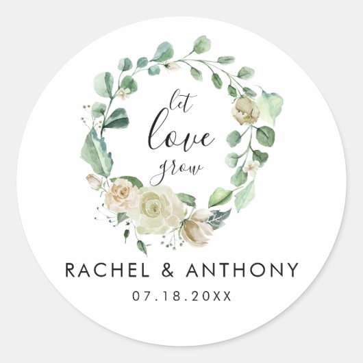 愛を成長させる白バラリース水色シック ラウンドシール (正面)