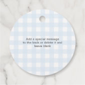 愛を振りかける青いギンガムの赤ちゃんシャワー フェイバータグ (裏面)