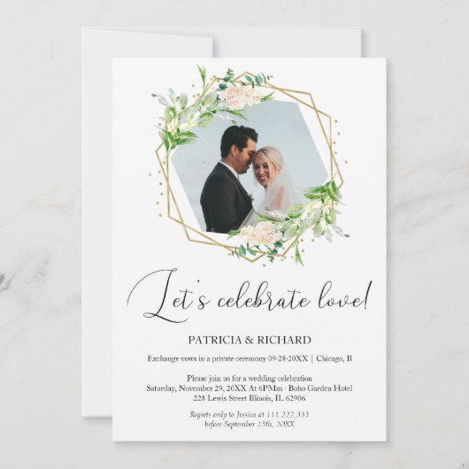 愛を祝おう！秘密の結婚式の披露宴 招待状 (正面)