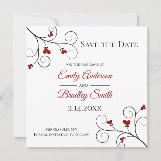 愛を育てる |赤いハートウェディング日付を保存 招待状 (正面)
