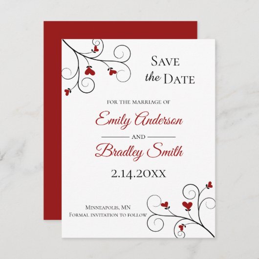 愛を育てる |赤いハートウェディング日付を保存 招待状 (正面/裏面)