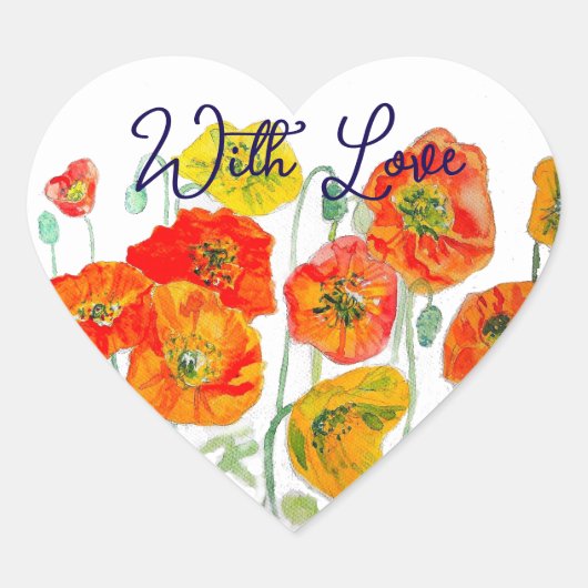 愛を込めたオレンジ赤のポピー花柄 ハートシール (正面)