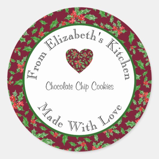 愛を込めて作られた 赤と緑のホーリー 自家製 ギフトラベル ラウンドシール (正面)