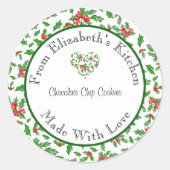 愛を込めて作られた 赤と緑のホーリー 自家製 ギフトラベル ラウンドシール (正面)