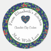 愛を込めて作られた 赤と緑のホーリー 自家製 ギフトラベル ラウンドシール (正面)