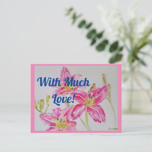愛を込めて かわいいピンクのユリの水彩画 ポストカード ポストカード (スタンド正面)