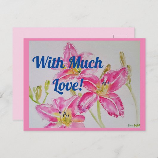 愛を込めて　かわいいピンクのユリの水彩画　ポストカード ポストカード (正面/裏面)