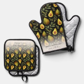 愛アボカド模様のモノグラム 鍋つかみ&鍋敷きセット (正面/裏面)