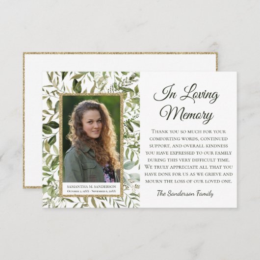 愛エレガントする記憶の白のユーカリ葬儀 サンキューカード (正面/裏面)