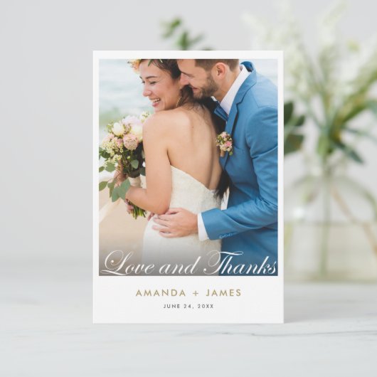 愛エレガントと感謝していモダン金ゴールド結婚写真 サンキューカード (スタンド正面)