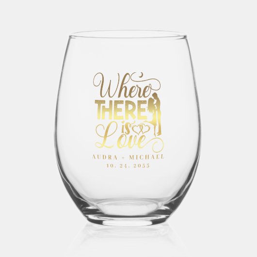 愛エレガント引用文金ゴールド書結婚の ステムなしワイングラス (正面)
