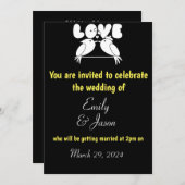 愛エレガント鳥の黒い結婚式招待状 招待状 (正面/裏面)