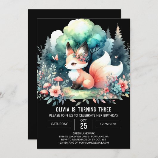 愛カスタム愛キツネ誕生日デジタル 招待状 (正面/裏面)