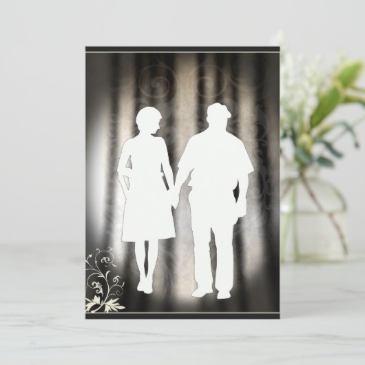 愛カップルのシルエットの婚約か結婚式の招待状 案内状 (スタンド正面)