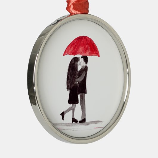 愛カップル赤い傘の水色結婚かわいい メタルオーナメント (右)