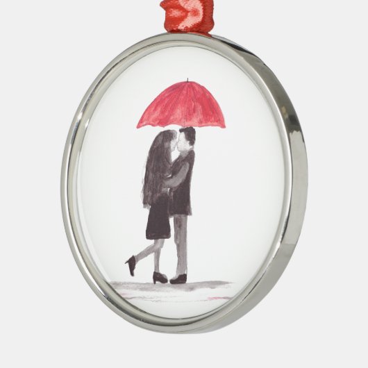 愛カップル赤い傘の水色結婚かわいい メタルオーナメント (左)