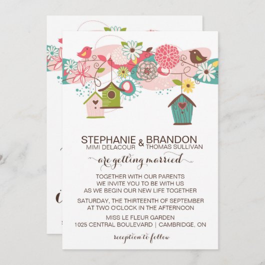 愛カラフルの鳥と鳥の家の結婚式の招待 招待状 (正面/裏面)