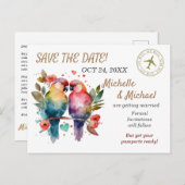 愛カラフルの鳥、日付を保存するAirmail シーズンポストカード (正面/裏面)