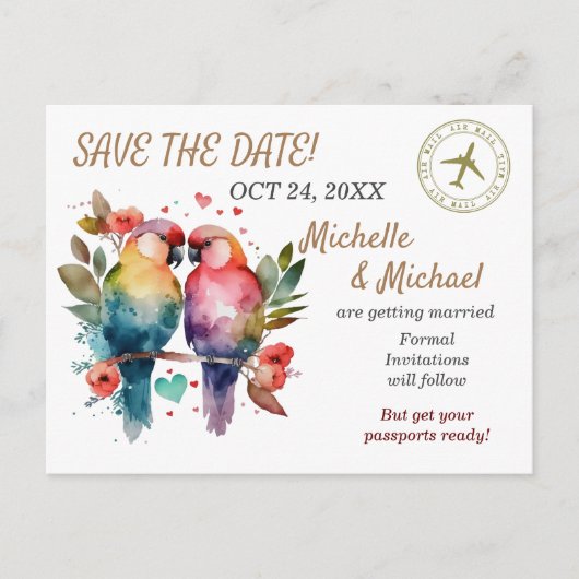 愛カラフルの鳥、日付を保存するAirmail シーズンポストカード (正面)