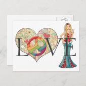 愛カラフル、平和と花のハートヒッピー女の子 ポストカード (正面/裏面)