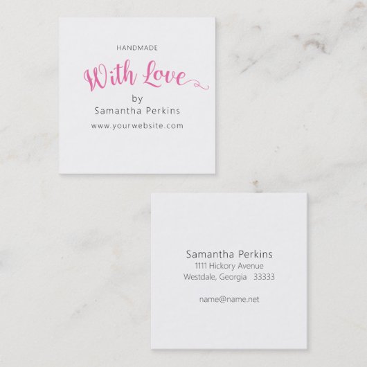 愛シンプルでエレガント作ったピンクと白の手作り スクエア名刺 (正面/裏面)