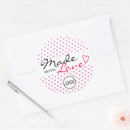 愛シンプル水玉模様ピンクの可愛いハート ラウンドシール (封筒)