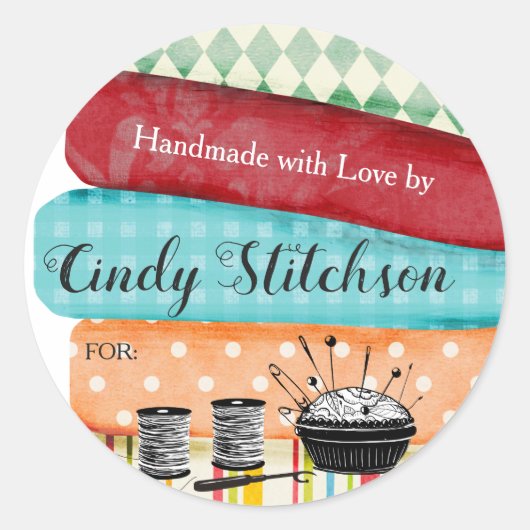 愛ステッカーとハンドメイド裁縫のキルティングの生地 ラウンドシール (正面)