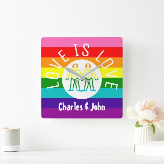 愛タイポグラフィの陽気なカップルのプライドLGBTの虹のロゴ スクエア壁時計 (ホーム)
