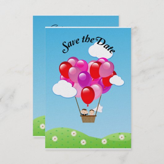愛ハートの熱気の気球の結婚式の保存日付 セーブザデート (正面/裏面)