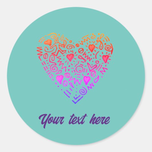 愛ハートグラデーションピンク紫色のドードゥー書き込み ラウンドシール (正面)