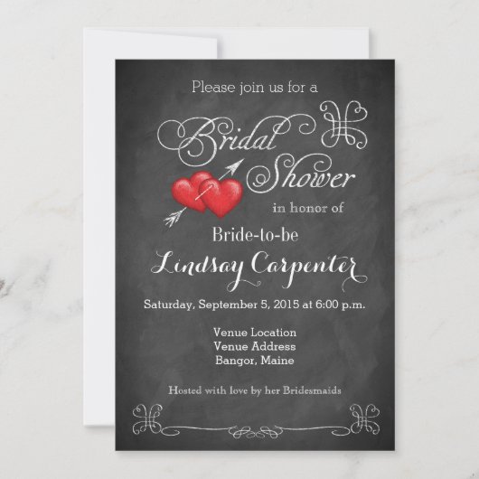 愛ハート、スクロール黒板のブライダルシャワー 招待状 (正面)