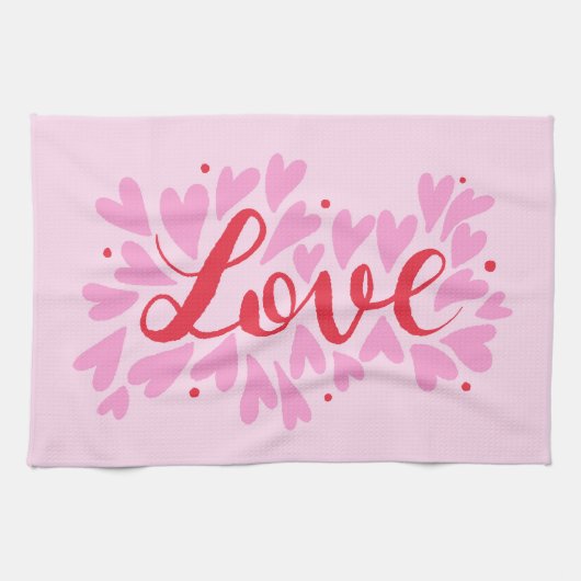 愛ハート – ピンクと赤 キッチンタオル (横)