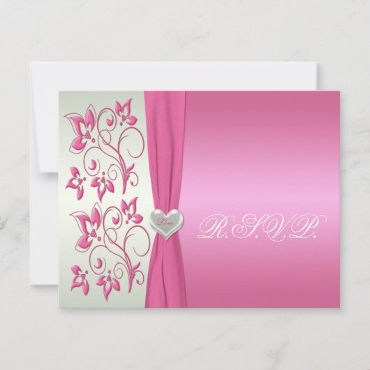 愛ハートRSVPとピンクの花柄そして薄緑 招待状 (正面)