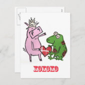 愛バレンタインカードのブタ及びカエル シーズンポストカード (正面/裏面)