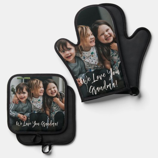 愛パーソナライズされたおばあちゃん写真手書き 鍋つかみ&鍋敷きセット (正面/裏面)