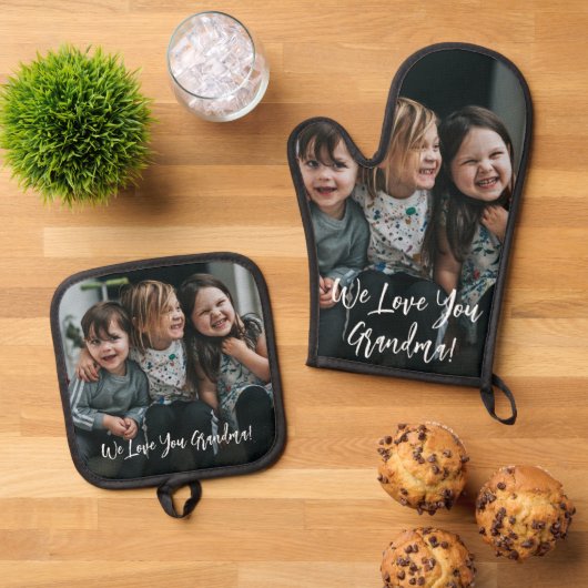 愛パーソナライズされたおばあちゃん写真手書き 鍋つかみ&鍋敷きセット (トップダウン)