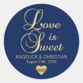 愛パーソナライズされたは甘いネイビーブルー金ゴールドの結婚もの ラウンドシール (正面)