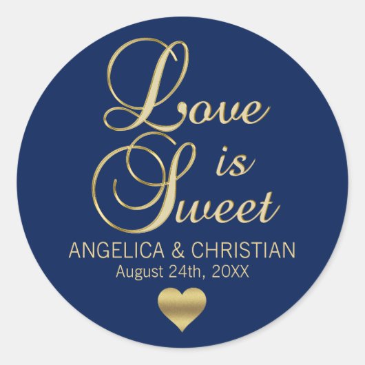 愛パーソナライズされたは甘いネイビーブルー金ゴールドの結婚もの ラウンドシール (正面)
