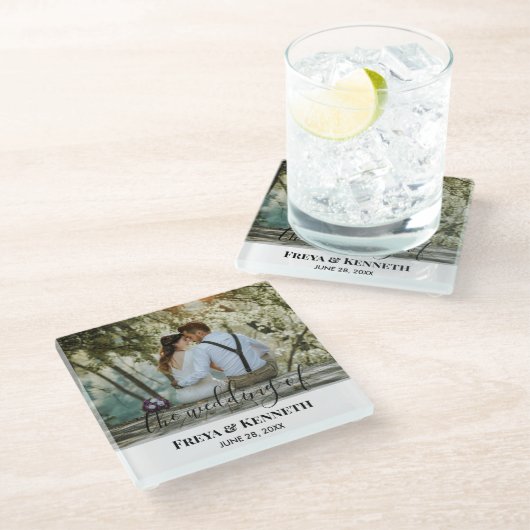 愛パーソナライズされた白結婚文字の写真 ガラスコースター (アングル)