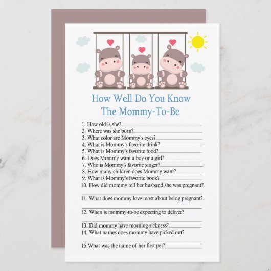 愛ヒッポどのように良く赤ちゃんシャワーゲームを知っている (正面/裏面)