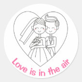 愛ピンクと白の漫画の花嫁と花婿結婚の ラウンドシール (正面)