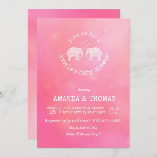 愛ピンクのカップルの女の赤ちゃんのシャワーのトン 招待状 (正面/裏面)
