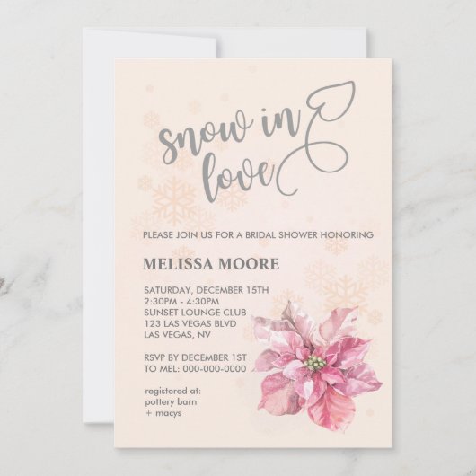 愛ピンクのスノーフレークのピンクのポインセチアの雪 招待状 (正面)